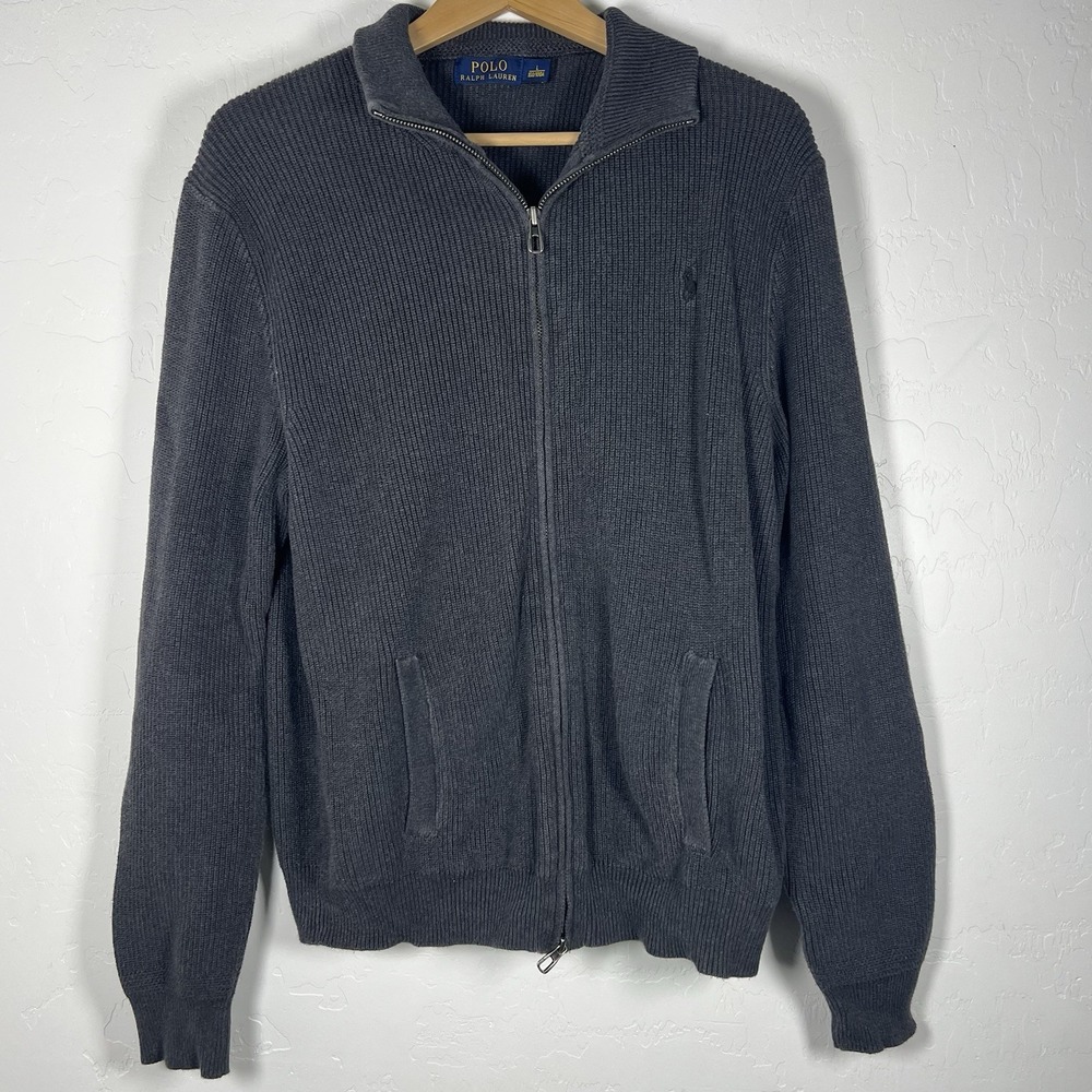 Polo Ralph Lauren Charcoal Gray Full Zip Sweater Knit Pony Ribbed Cardigan Large
